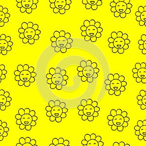 Sunflower with eyes and smiley face illustration on yellow background. seamless pattern, hand drawn vector. simple and cute. vinta photo