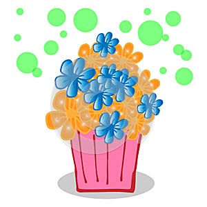 Beautiful flower pot with green bubbles. pink vase with orange and blue flowers illustration on white background. hand drawn vecto