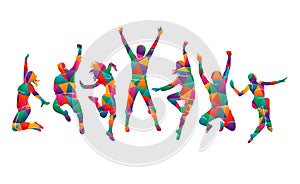 Colorful happy group people jump vector illustration silhouette. Cheerful man and woman isolated. Jumping fun friends background.