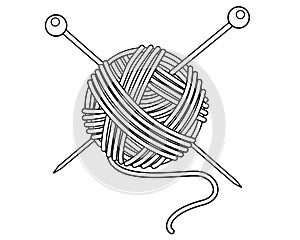 Threads and knitting needles - Knitting set - vector linear illustration for coloring, logo or pictogram. A round ball of yarn wit