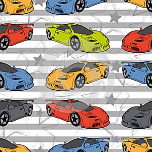 Multicolored sports cars with stars on stripes, seamless pattern for boy textile.