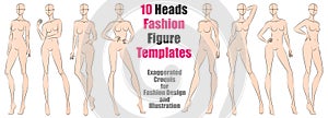 10 Heads Fashion Figure Templates. Exaggerated Croquis for Fashion Design and Illustration photo