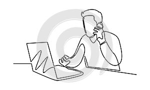 Continue line of freelance work concept. Young man working from home