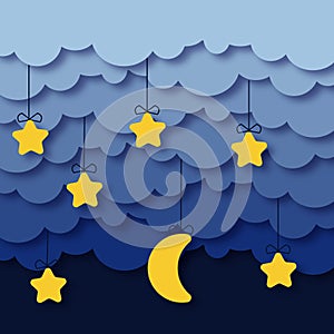 Papercat style picture with stars and moon clouds