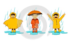 Vector illustration of cute little kids in the rain with different style of raincoat