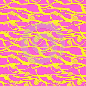Pink abstraction pattern with yellow stripes and waves