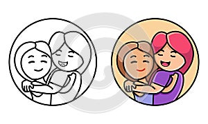 Two lovely happy best friends girls hugging coloring page for kids