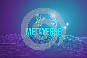 Metaverse, virtual reality, augmented reality and blockchain technology, user interface 3D experience. Word metaverse with world m
