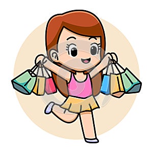 Cute happy girl shopping cartoon