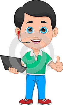 Boy holding laptop and thumbs up