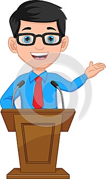 Young businessman giving a speech at the podium