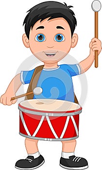 Little boy playing drum on white background