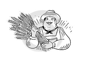 Working farmer holding wheat.Vector illustration.