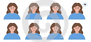 Woman emotions set. Different facial expression icons. Female`s face avatars.