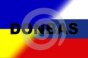 Donbas. Conflict between Ukraine and Russia. Image of the flag of Russia and the flag of Ukraine with the word Donbas written photo