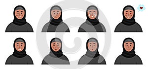 Muslim woman emotions set. Different face avatars. People facial expression icons. Vector illustration of a young woman in hijab.