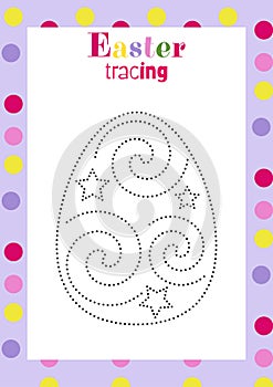 Easter egg tracing worksheet for kids handwriting practice. Holiday activity page.