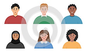 Young people faces. Diversity avatar set. Different smiling men and woman portraits.