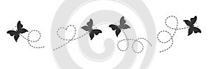 Butterflies set. Butterfly silhouette flying on dotted route.