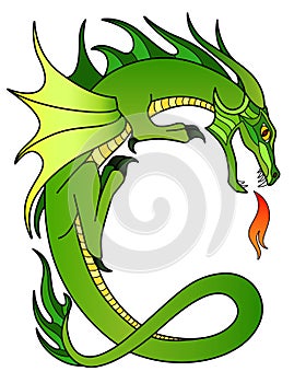 Green fire-breathing dragon - vector full color picture with a mythological creature. Dragon curved in the shape of the letter C