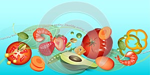 Vector still life with healthy products on a blue background. Healthy Food photo