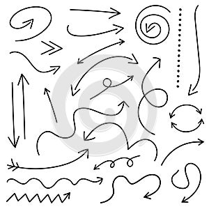 Set of doodle arrows, pointers. Vector isolated hand drawn arrows on white background.