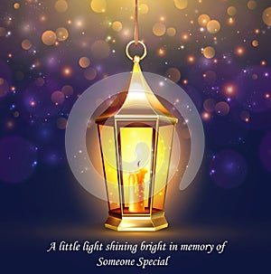 In loving memory of someone special, lantern lights with burning candle, prayer, remembrance
