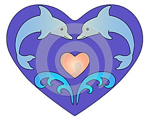 Dolphins and sea waves in the shape of a heart - vector full color drawing. Heart with bottlenose dolphins - marine mammals jumpin