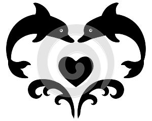 Dolphins and sea waves in heart shape - vector silhouette drawing for logo, pictogram or tattoo. Bottlenose dolphins - marine mamm