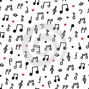 Seamless pattern with black musical notes on white background