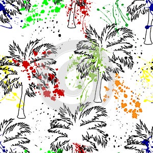 Abstract pattern for textiles with palm trees and colorful blots