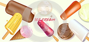 variety of ice cream on a light background.
