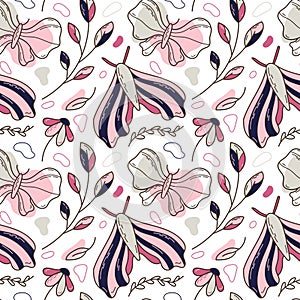 Butterfly, moth, flower, twig. Hand drawn seamless vector pattern in doodle style with abstract shapes. Cute illustration