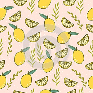 Whole and slice lemon with leaf illustration on pink background. hand drawn vector. pastel color. seamless pattern with lemon frui