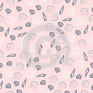 Seamless pattern with set of seashell illustration isolated on pink background. hand drawn vector. small shape. cute and simple. d