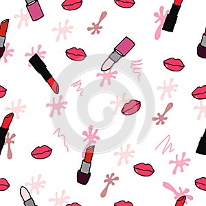 Seamless pattern with lips and lipstick illustration on white background. hand drawn vector. red and pink colors. pink splash colo