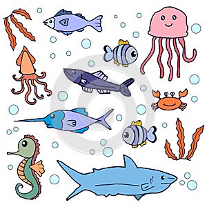 Set of cute sea animal icon. seaweed, jellyfish, fish, shark, crab and seahorse illustration with bubbles on white background. han