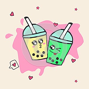 Two cups of bubble tea with hearts illustration on pink background. hand drawn vector. romantic couple boba. yellow and green. kaw