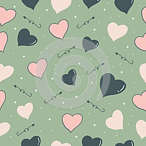 Heart with arrow illustration on green background. pink and navy hearts. hand drawn vector, seamless pattern. doodle art for wallp