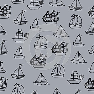 Set of marine vehicle. hand drawn vector, seamless pattern. black outline, sketch of boat. sailboat with flag in the sea. doodle a