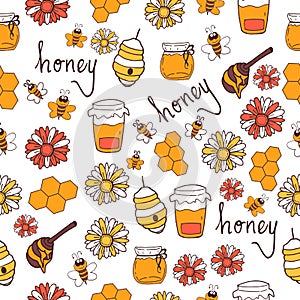 Set of honey icon. flower, jar, honeybee, honeycomb and honey-hand drawn lettering on white background. seamless pattern. doodle a