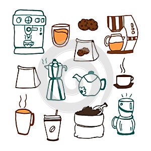 Set of coffee icon on white background. coffee maker, machine, coffee beans, teapot, chocolate cookies, paper bag, cup and glass o