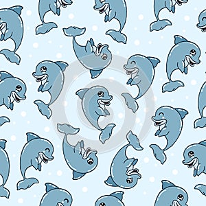 Blue dolphin with smiling face illustration on blue background. hand drawn vector, seamless pattern. sea animal, cute fish. doodle