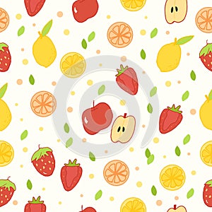 Seamless pattern with tropical fruits with green leaf. orange slice, lemon, and strawberry illustration. hand drawn vector. doodle