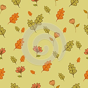 Green and orange leaves with flower illustration. hand drawn vector, seamless pattern. autumn background. falling leaves. doodle a