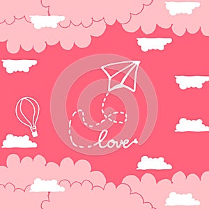 Aicraft origami with love writing, cloud and hot air balloon illustration on pink background. hand drawn vector. doodle art for wa