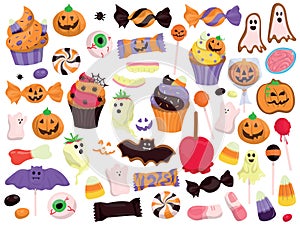 Halloween celebration related candies, desserts and sweets. Collection of hand drawn, vector cartoon illustrations.