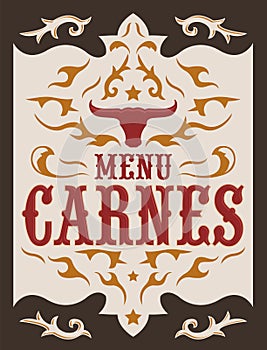 Menu Carnes, Meat Menu spanish text cover design, Barbecue restaurant. photo