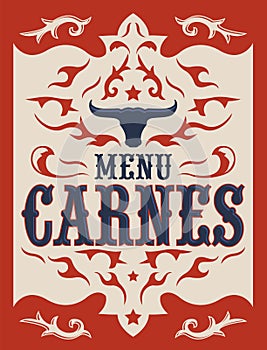 Menu Carnes, Meat Menu spanish text cover design, Barbecue restaurant. photo