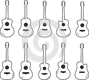 Set of 10 vector silhouettes of different acoustic guitars